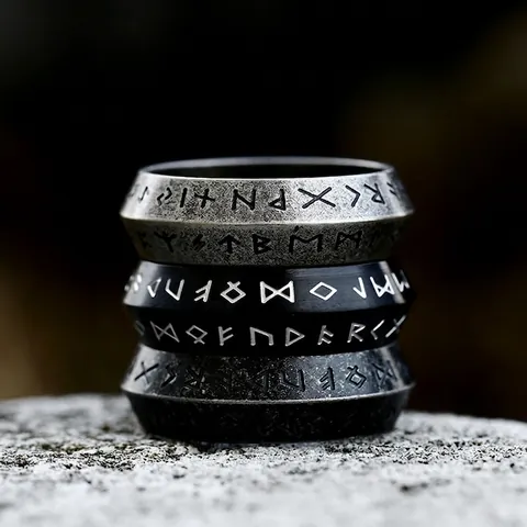 Vintage Titanstahl Wikinger Runenring Für Herren Damen Nordisches Runenalphabet Bandring Antiksilber Schwarz Punk Schmuck
