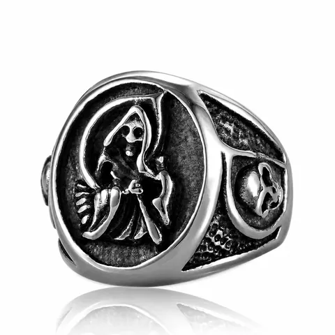 Vintage Gothic Stainless Steel Grim Reaper Skull Ring For Men Punk Rock Biker Scythe Relief Distressed Finger Ring Jewelry