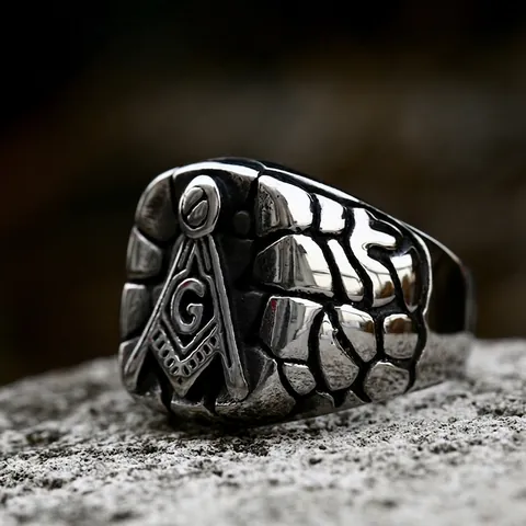 Retro Titanstahl Freimaurer Ring Für Herren Vintage Antiksilber Kompass Quadrat Buchstabe G Siegelring Industrie Steinstruktur Punk Schmuck