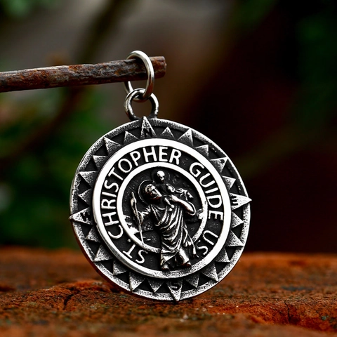 Vintage Stainless Steel St Christopher Medal Pendant Religious Crucifix Cross Amulet For Men Women Jewelry Pendant Only