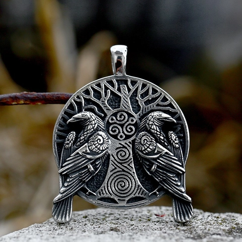 Vintage Stainless Steel Viking Odin Raven Pendant Nordic Mythology World Tree Celtic Knot Necklace For Men Women Jewelry Pendant Only