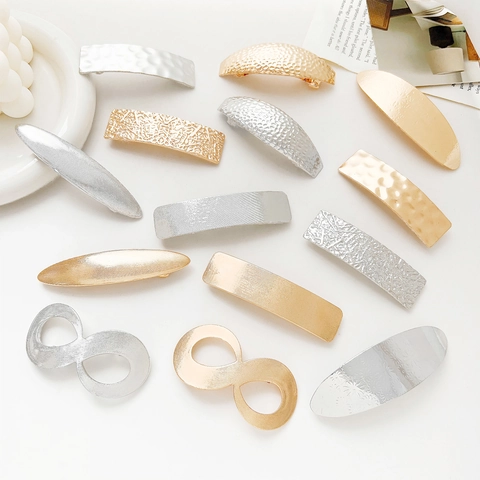 Fermagli per Capelli Geometrici in Metallo a Molla per Donna Oro Argento Martellato Spazzolato Rettangolo Ovale Infinito Gioielli