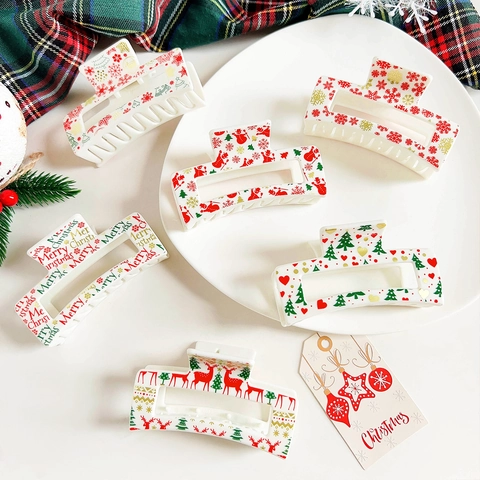 Christmas Large Hair Claw Clip Plastic Snowflake Reindeer Print Hair Accessory For Women Xmas Holiday Party Decoration