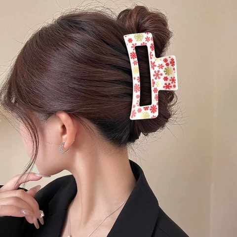 Christmas Large Hair Claw Clip Plastic Snowflake Reindeer Print Hair Accessory For Women Xmas Holiday Party Decoration