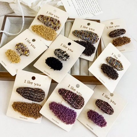 Estilo Coreano Otoño Invierno Color Contraste Hilo Lana Hecho a Mano Pinza Pico Pato Tweed Peluche Horquillas Para Mujeres Niñas
