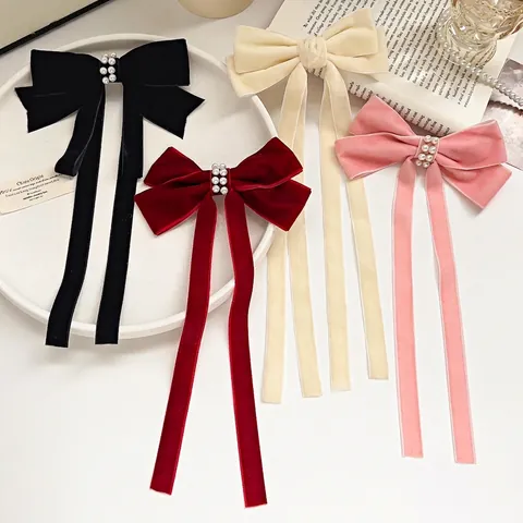 Fermaglio per Capelli con Fiocco in Velluto Vintage Francese Con Nastri Lunghi Decorazione con Perle Artificiali Forcina Balletcore per Donna Dolce Accessorio per Capelli