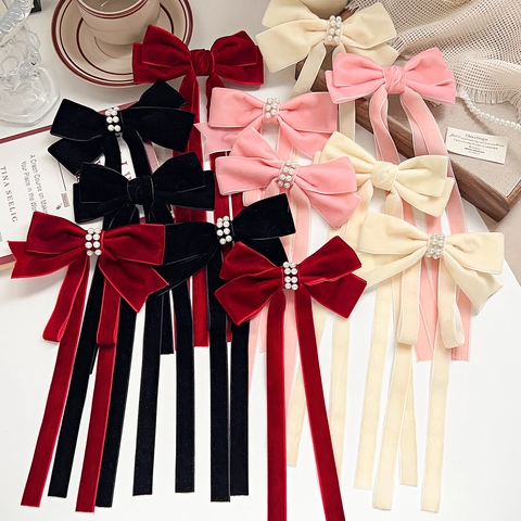 Fermaglio per Capelli con Fiocco in Velluto Vintage Francese Con Nastri Lunghi Decorazione con Perle Artificiali Forcina Balletcore per Donna Dolce Accessorio per Capelli