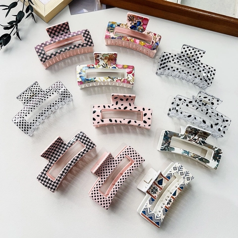 Fashion Printed Plastic Hair Claw Clip Large Rectangular Hollow Shark Clip Floral Leopard Houndstooth Hair Clip For Women