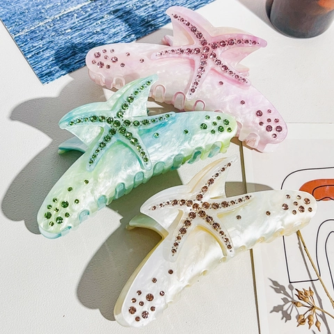 Pinza per Capelli a Forma di Stella Marina in Acetato Con Strass Elegante Texture Marmorea per Acconciature Donna