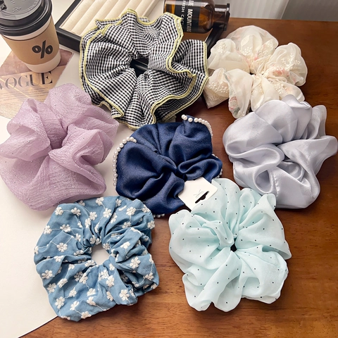 Korean Style Oversized Fabric Scrunchies For Women Floral Polka Dot Gingham Rhinestone Artificial Pearl Large Hair Ties Accessories