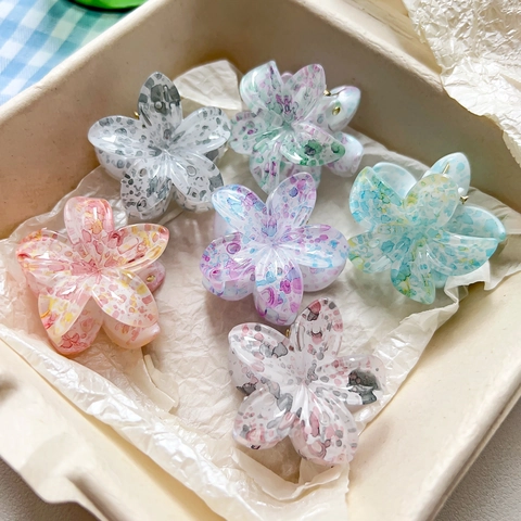 Pinza per Capelli alla Moda a Forma di Fiore di Plumeria Con Stampa a Punti Colorati in Plastica Traslucida Accessori per Capelli Donna