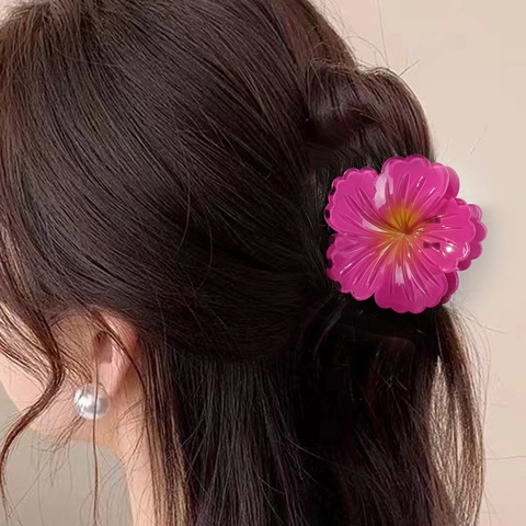 Hibiscus Flower Hair Claw Clips For Women Gradient Color Plastic Handmade Hairpin Headwear For Beach Vacation Daily Use