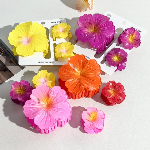 Hibiscus Flower Hair Claw Clips For Women Gradient Color Plastic Handmade Hairpin Headwear For Beach Vacation Daily Use