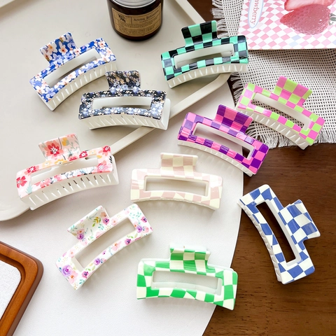 Molletta per Capelli in Plastica con Stampa Floreale a Scacchi Grande Quadrata Fatta a Mano Articoli di Bellezza per Donna