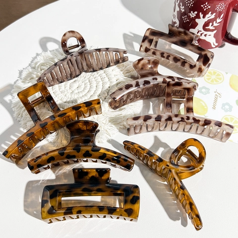 Pinza per Capelli Grande in Stile Francese con Stampa Leopardata in Resina Tartarugata Clip a Squalo per Capelli Folti Donna