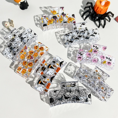 Pinze per Capelli Halloween Plastica Trasparente Zucca Fantasma Pipistrello Ragno Stampa Accessori Capelli Donna Festa