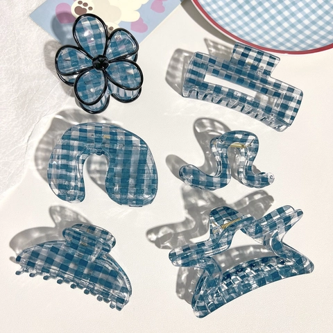 Koreanischer Stil Blau Karomuster Haarklammer Vintage Acryl Geometrische Shark Clips Stern Blume Kopfschmuck Damen