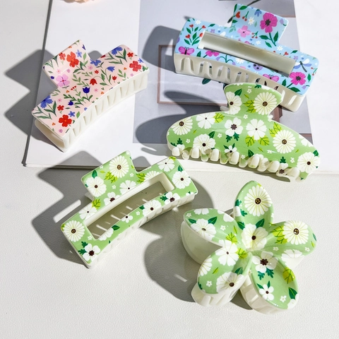 UV Printed Floral Hair Claw Clip ABS Elegant Square Large Hair Catch Clip Daisy Rabbit Pattern Fashion For Women