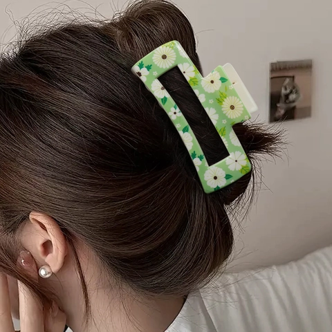 UV Printed Floral Hair Claw Clip ABS Elegant Square Large Hair Catch Clip Daisy Rabbit Pattern Fashion For Women
