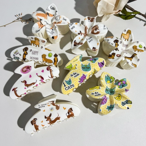 Niedliche Cartoon Hund UV-Gedruckte Haarklammern Für Damen ABS Blume Quadrat Form Große Hai Clips Haarschmuck
