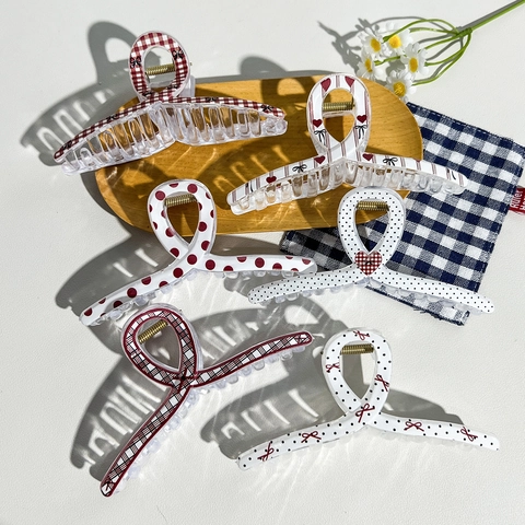 Pince à Cheveux Vintage en Damier Motif à Pois Cœur Shark Clip pour Femmes Élégant Accessoire de Coiffure Fait Main Imprimé