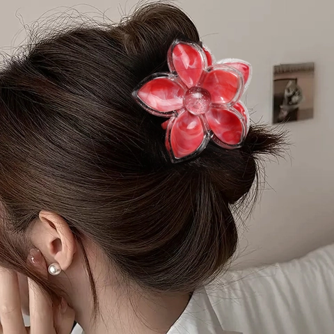 Eleganter Haarkralle Mit Marmormuster Plumeria Blume Glitzerkante Harz Haarschmuck Für Damen Urlaub Haarklammer