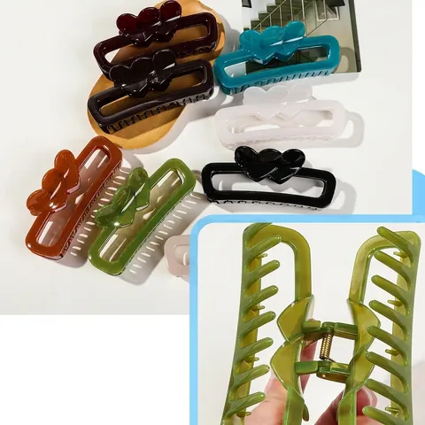 Fashion Hollow Rectangle Double Heart Hair Claw Clip Large Jelly Color Plastic Shark Clip For Women Hair Styling Accessory