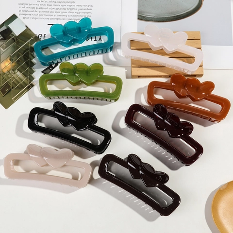 Fashion Hollow Rectangle Double Heart Hair Claw Clip Large Jelly Color Plastic Shark Clip For Women Hair Styling Accessory