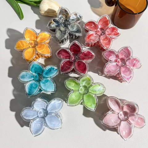 Eleganter Haarkralle Mit Marmormuster Plumeria Blume Glitzerkante Harz Haarschmuck Für Damen Urlaub Haarklammer