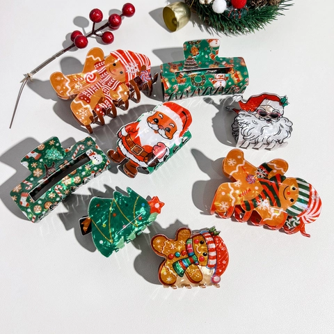 Christmas Santa Claus Snowman Gingerbread Man Hair Claw Clips Cute Cartoon Xmas Tree Acrylic Hairpins Hair Accessories For Women