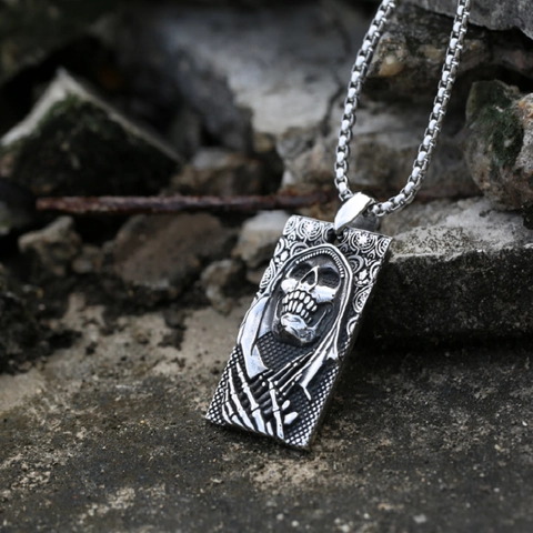 Vintage Gothic Grim Reaper Skull Pendant Stainless Steel Punk Rock Dog Tag Necklace Pendant For Men Jewelry Accessory