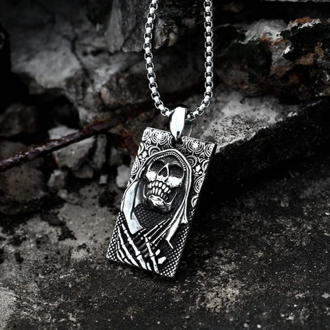Vintage Gothic Grim Reaper Skull Pendant Stainless Steel Punk Rock Dog Tag Necklace Pendant For Men Jewelry Accessory