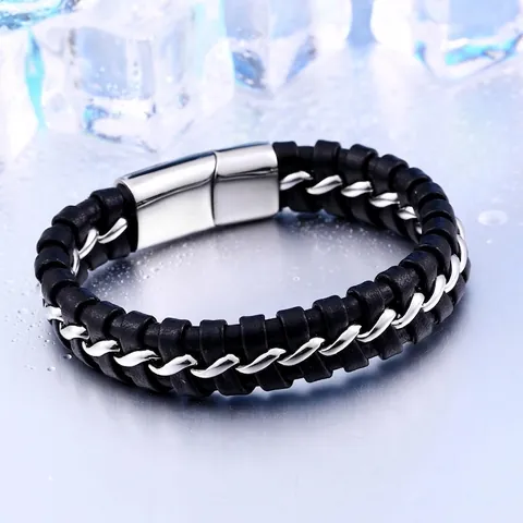 Pulsera de Cuero Trenzado Negro Vintage para Hombre Acero Inoxidable Titanio Cierre Magnético Punk Joyería de Moda