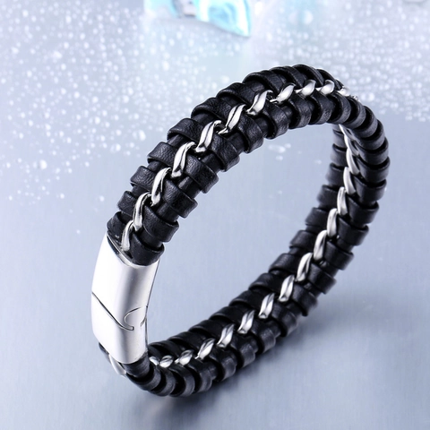 Pulsera de Cuero Trenzado Negro Vintage para Hombre Acero Inoxidable Titanio Cierre Magnético Punk Joyería de Moda