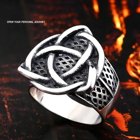 Vintage Celtic Knot Titanium Steel Ring For Men Punk Oxidized Silver Grid Texture Band Ring Retro Fashion Jewelry Gift