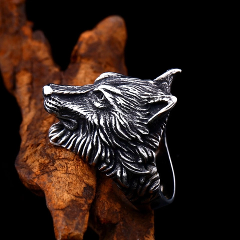Vintage Viking Wolf Head Stainless Steel Ring For Men Punk Gothic Animal Distressed Biker Finger Jewelry Statement Ring
