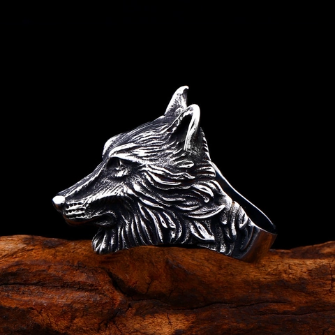 Vintage Viking Wolf Head Stainless Steel Ring For Men Punk Gothic Animal Distressed Biker Finger Jewelry Statement Ring
