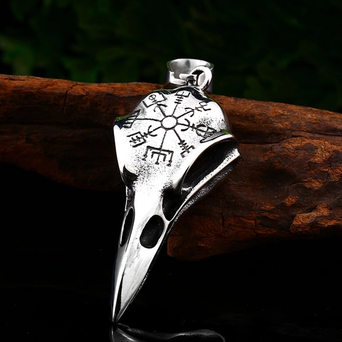 Stainless Steel Nordic Viking Raven Skull Pendant Vegvisir Compass Rune Crow Bone Gothic Necklace For Men Women Jewelry