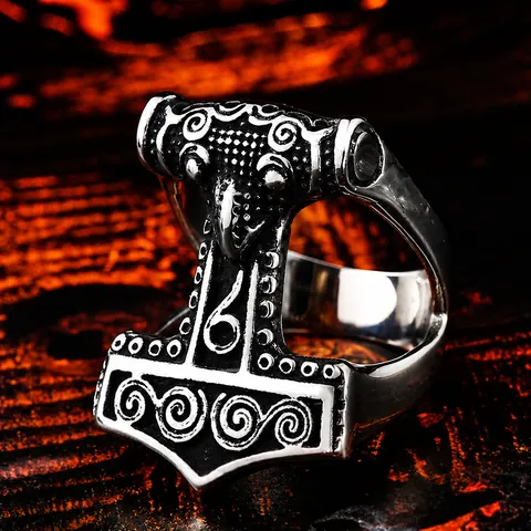 Nordic Viking Thor's Hammer Mjölnir Ring For Men Retro Stainless Steel Polished Punk Biker Jewelry Finger Ring Gift