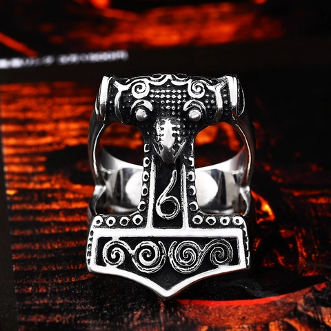 Nordic Viking Thor's Hammer Mjölnir Ring For Men Retro Stainless Steel Polished Punk Biker Jewelry Finger Ring Gift