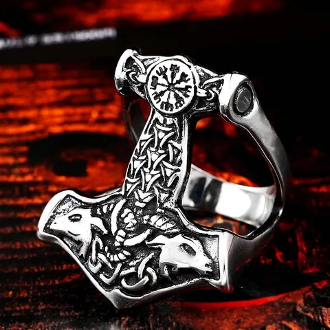 Viking Thor Hammer Mjolnir Compass Stainless Steel Ring For Men Retro Nordic Celtic Knot Biker Jewelry Vintage Finger Ring