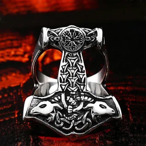 Viking Thor Hammer Mjolnir Compass Stainless Steel Ring For Men Retro Nordic Celtic Knot Biker Jewelry Vintage Finger Ring