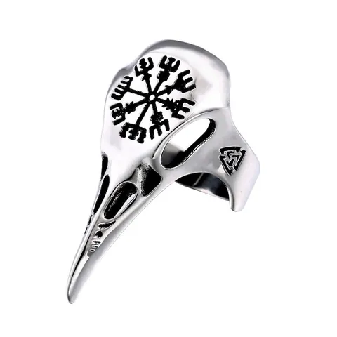 Anillo Vikingo de Acero Inoxidable Cráneo de Cuervo Brújula Vegvisir Valknut Joyería Pagana Nórdica Vintage Gótico Hombre Punk Color Plata