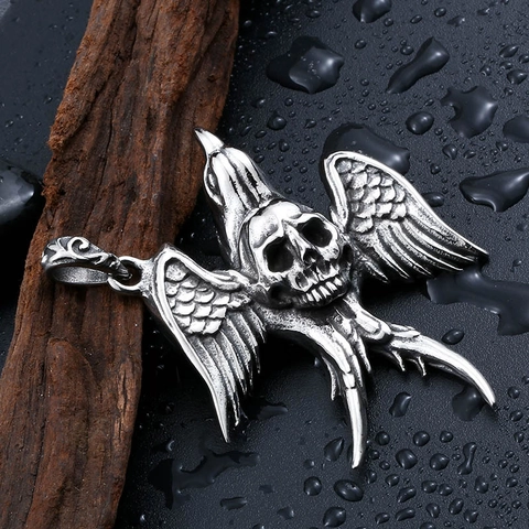 Vintage Gothic Stainless Steel Skull Swallow Bird Wings Pendant For Men Rock Punk Jewelry Pendant Only Without Chain