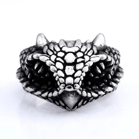 Vintage Gothic Snake Head Open Ring For Men Stainless Steel Punk Dragon Scale Textured Adjustable Fashion Jewelry Finger Ring