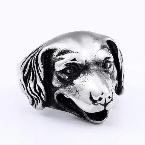 Vintage Stainless Steel Golden Retriever Dog Head Ring For Men Punk Retro Titanium Steel Animal Biker Finger Ring Jewelry