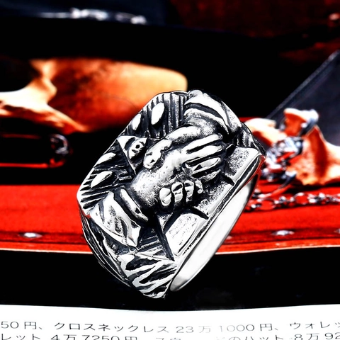 Anello Vintage in Acciaio al Titanio con Stretta di Mano per Uomo Occhio della Provvidenza Triangolo Gothic Biker Punk Gioielli
