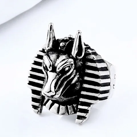 Vintage Edelstahl Anubis Ring Für Herren Altes Ägypten Wolfskopf Gothic Punk Band Ring Brüniertes Finish Mode Schmuck