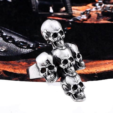 Vintage Stainless Steel Skull Cross Ring For Men Gothic Punk Multi-Skull Stacked Finger Ring Halloween Party Jewelry Gift