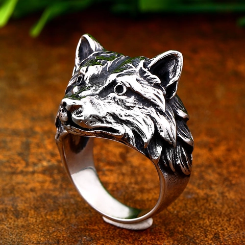 Retro Stainless Steel Wolf Head Ring For Men Viking Punk Animal Design Oxidized Silver Antique Finish Biker Jewelry Gift